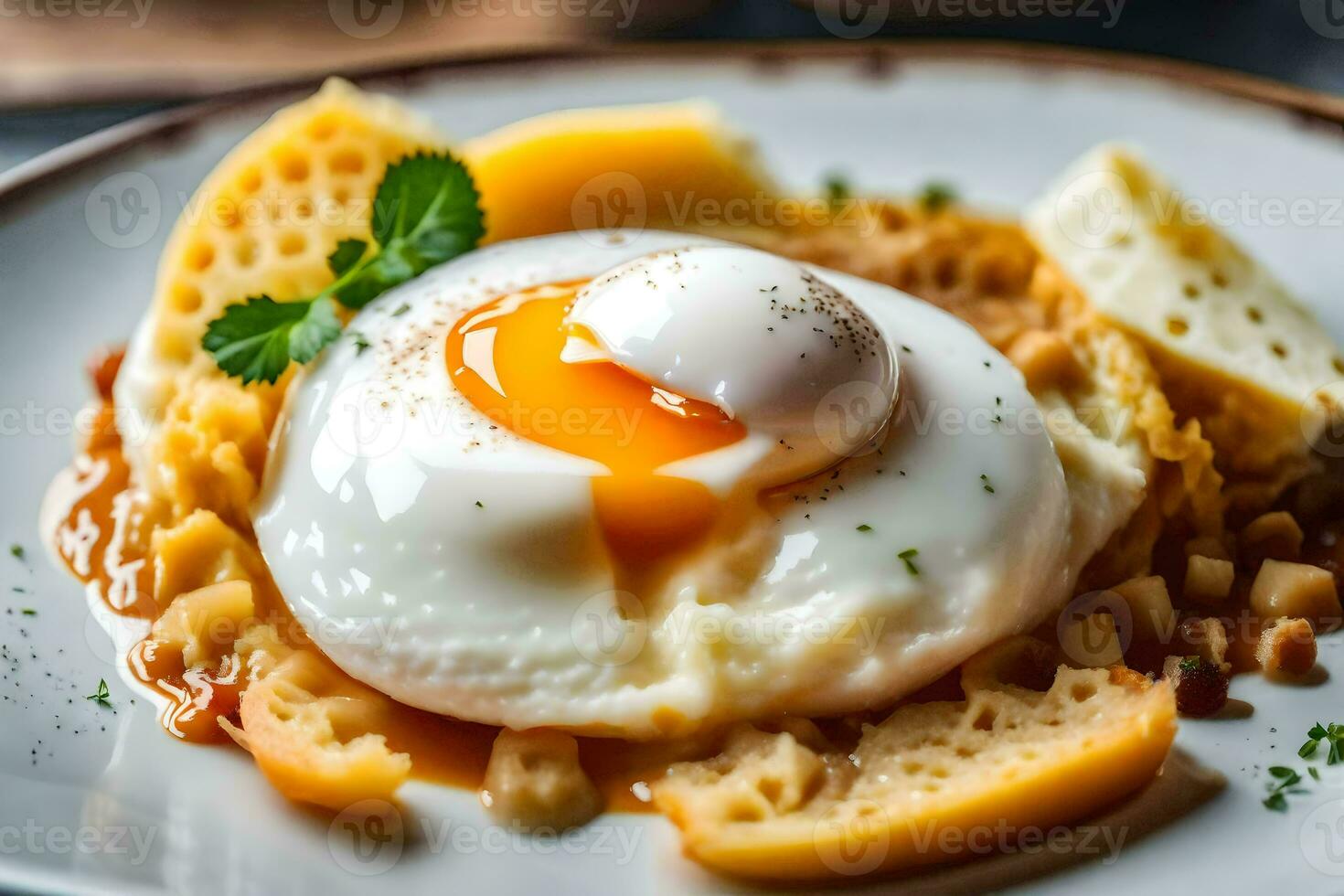 an egg on top of a plate with cheese. AI-Generated photo