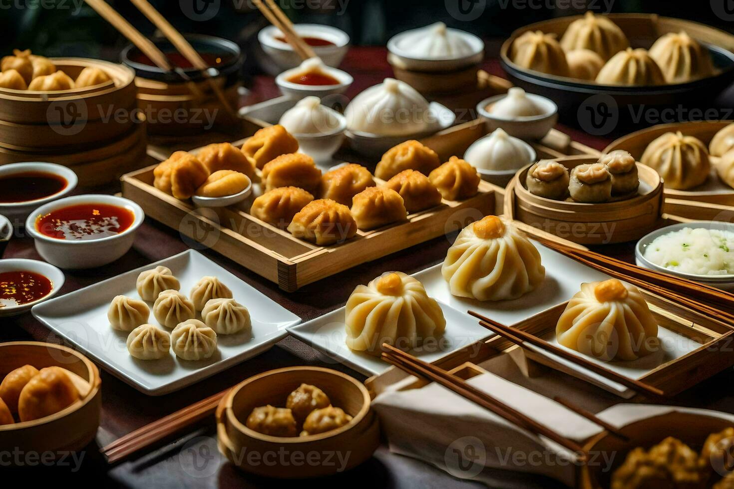 a table with many different types of dumplings. AI-Generated photo