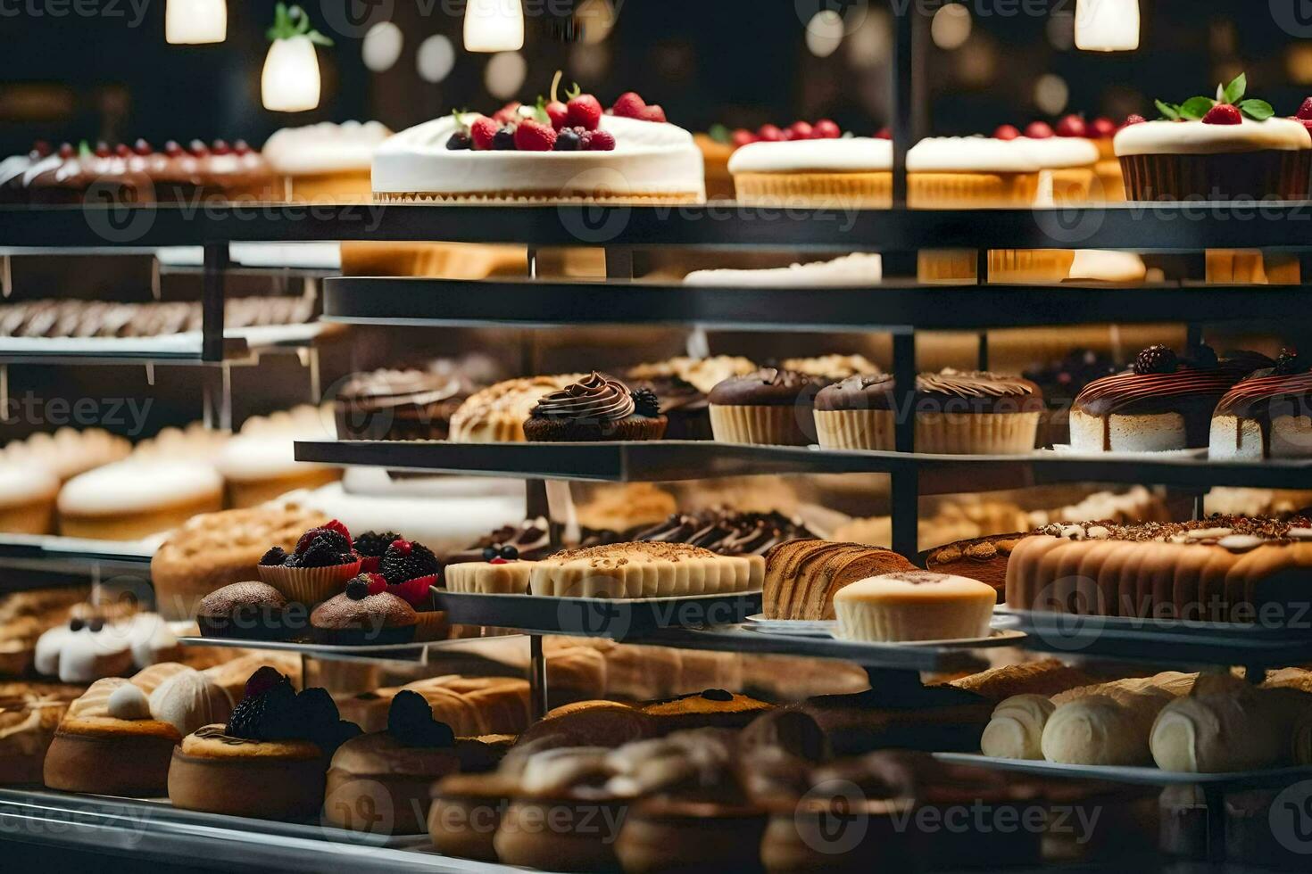 many different types of cakes are on display in a bakery. AI-Generated photo