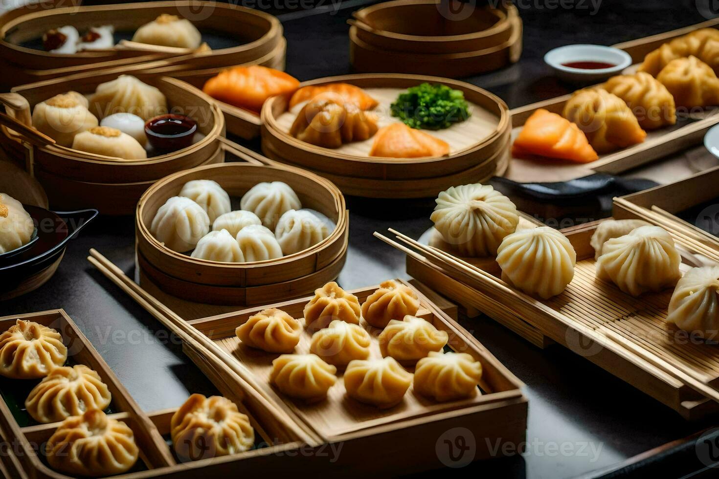 a table with many different types of dumplings. AI-Generated photo