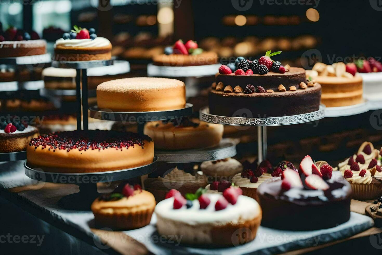 un variedad de pasteles son en monitor en un panadería. generado por ai foto