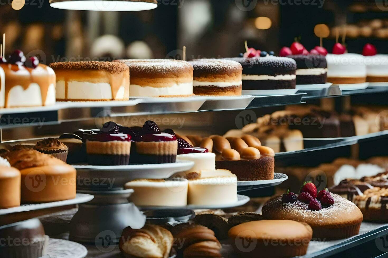 many different types of cakes are on display in a bakery. AI-Generated photo