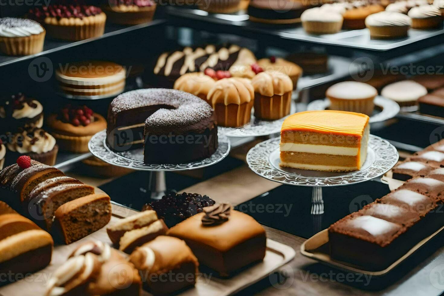 un variedad de pasteles y pasteles en monitor en un panadería. generado por ai foto