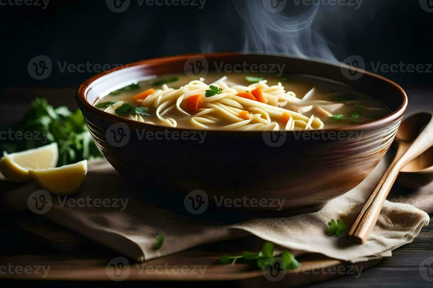 a bowl of soup with a wooden spoon and a slice of lemon. AI-Generated photo