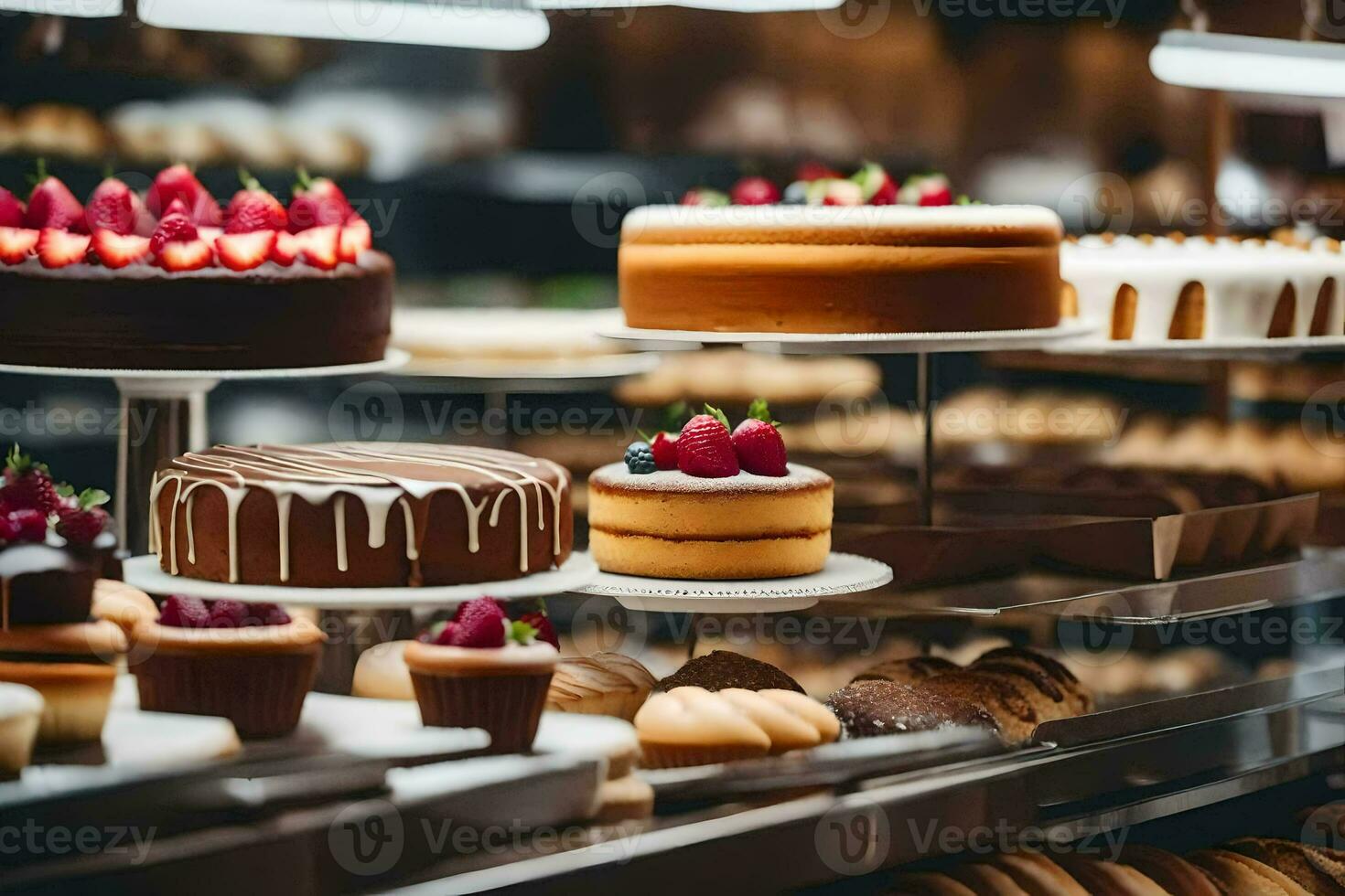 many different types of cakes are on display in a bakery. AI-Generated photo