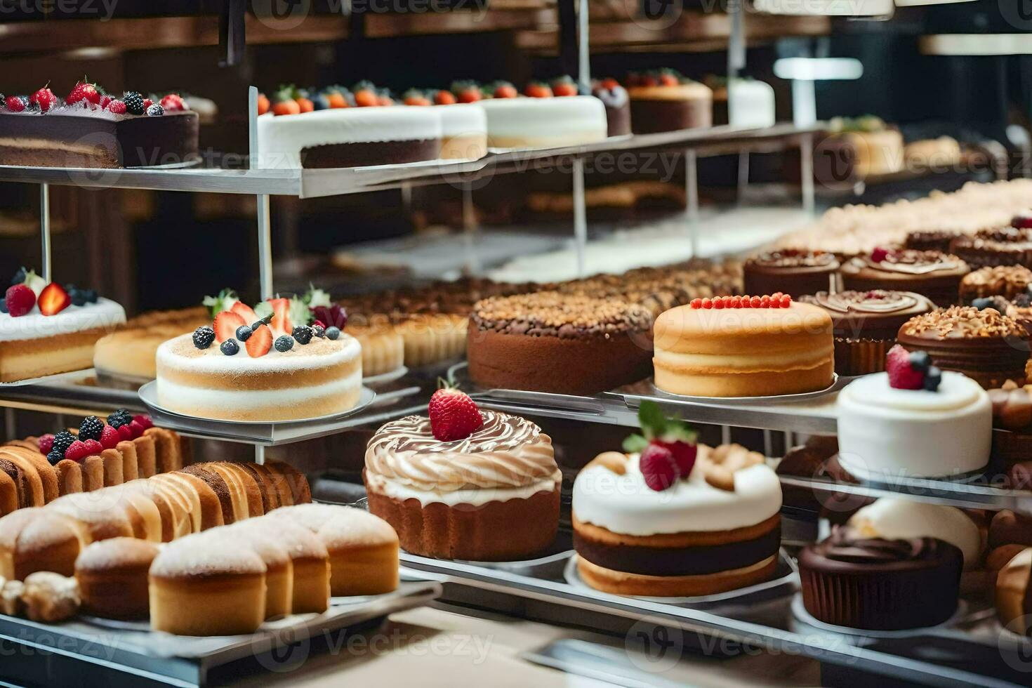 many different types of cakes are on display in a bakery. AI-Generated photo