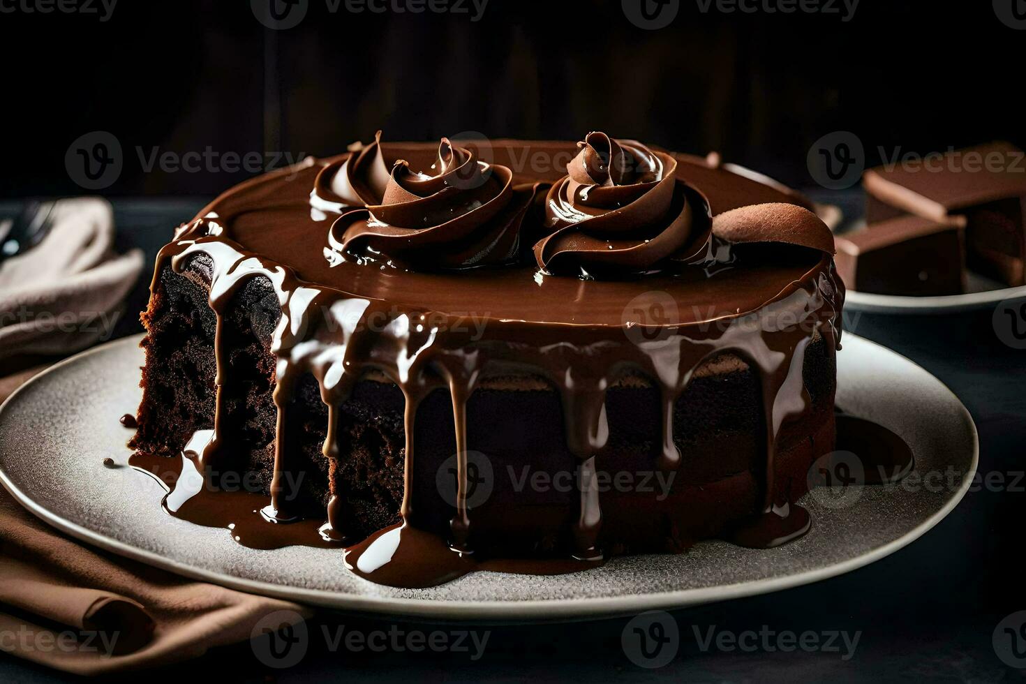 un chocolate pastel con chocolate Formación de hielo y chocolate piezas. generado por ai foto