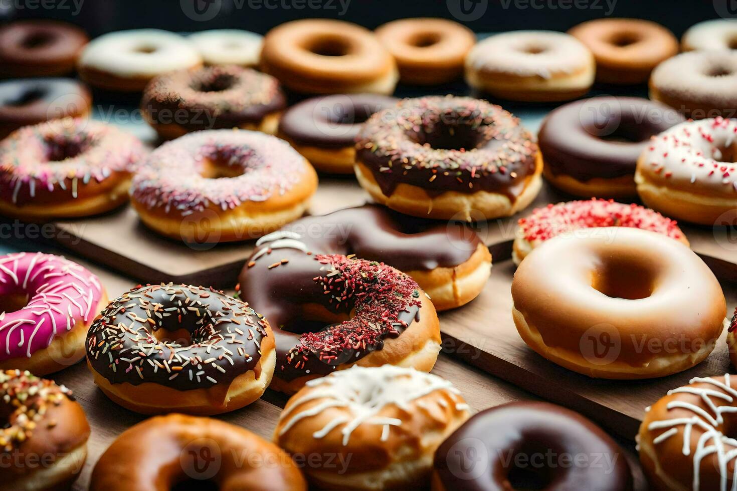 a large number of donuts are on a table. AI-Generated photo