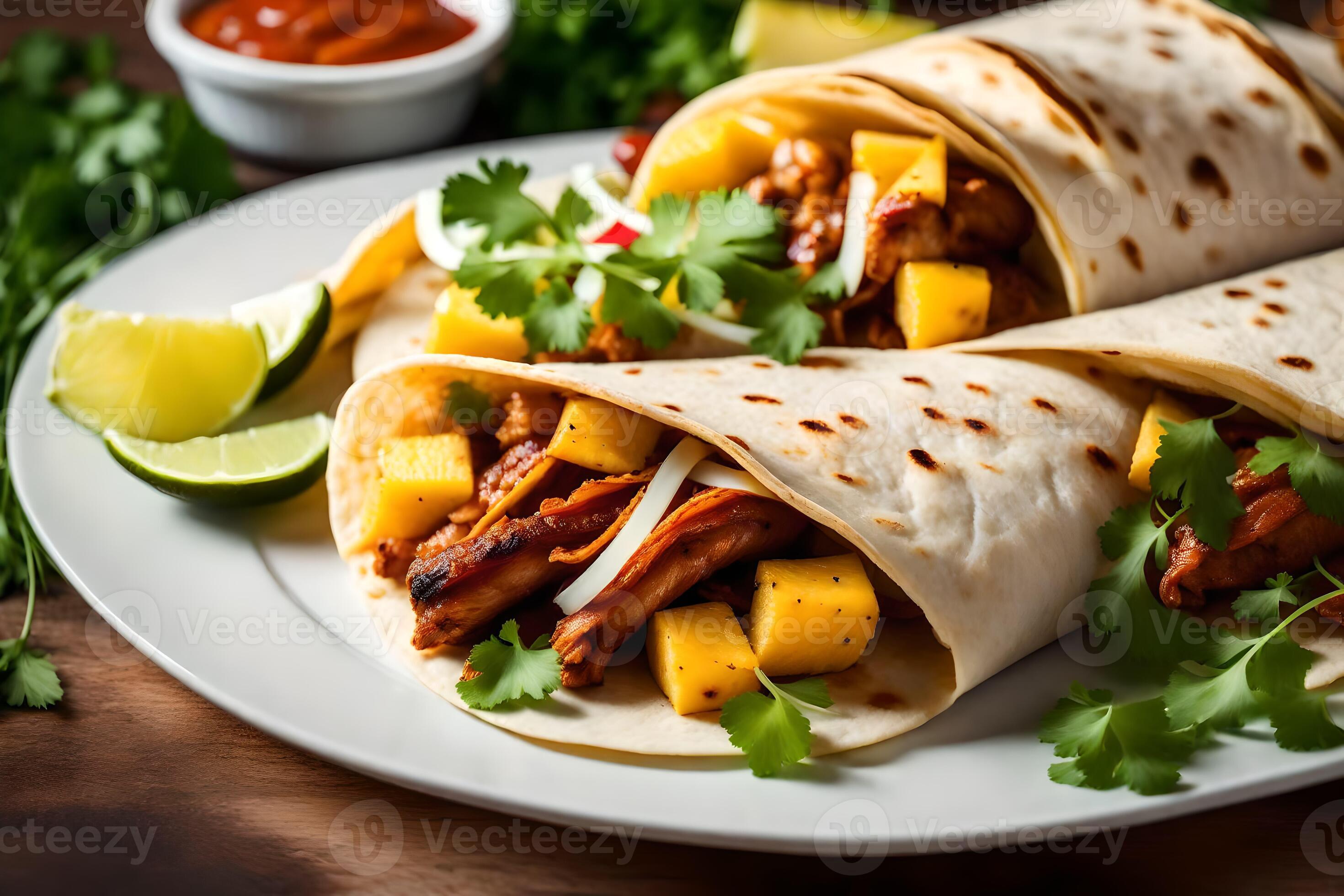mexican chicken burritos with mango salsa. AI-Generated 33812986 Stock