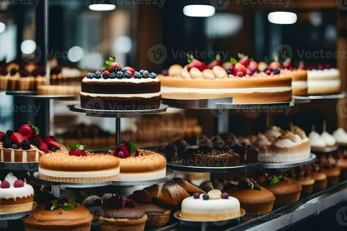 many different types of cakes are on display in a bakery. AI-Generated photo