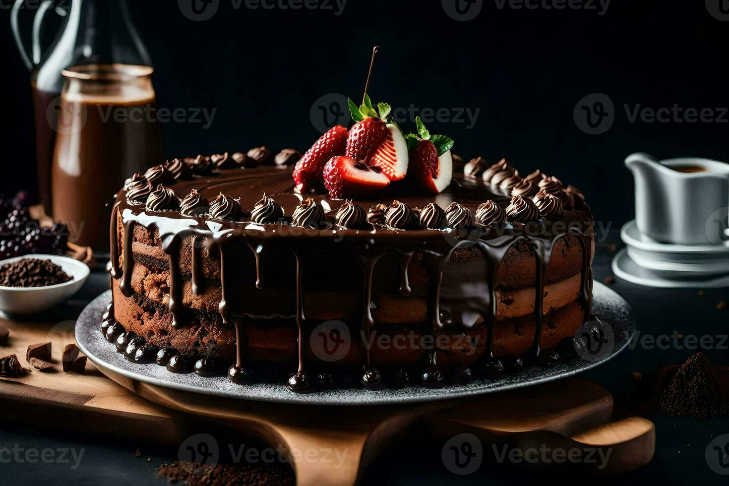 chocolate cake with strawberries and chocolate drizzle on a wooden table. AI-Generated photo