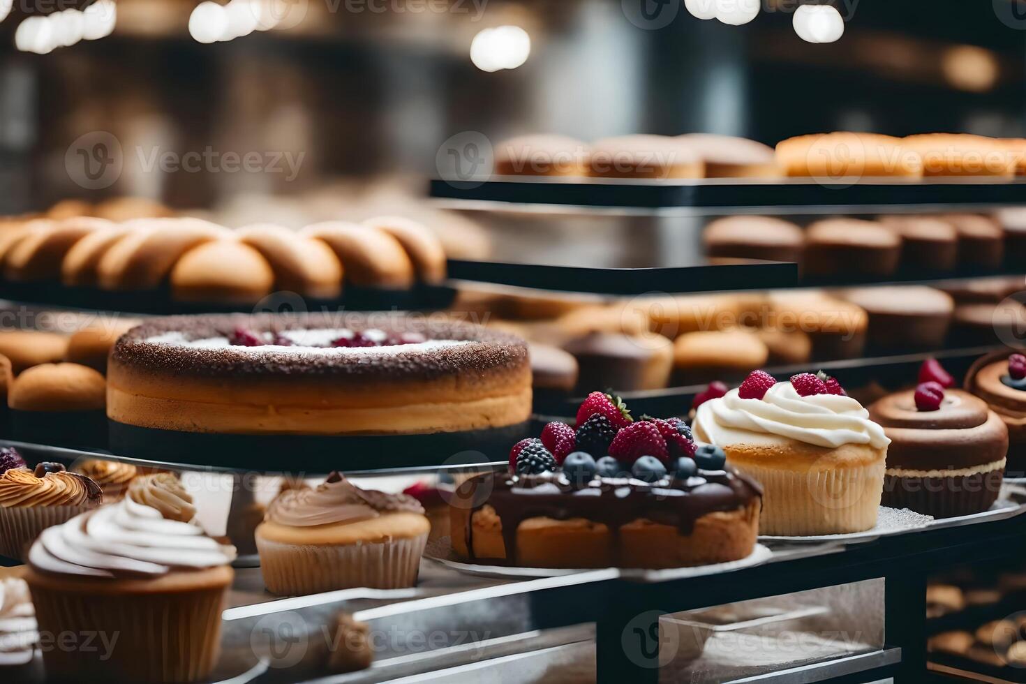 many different types of cakes and pastries on display. AIGenerated