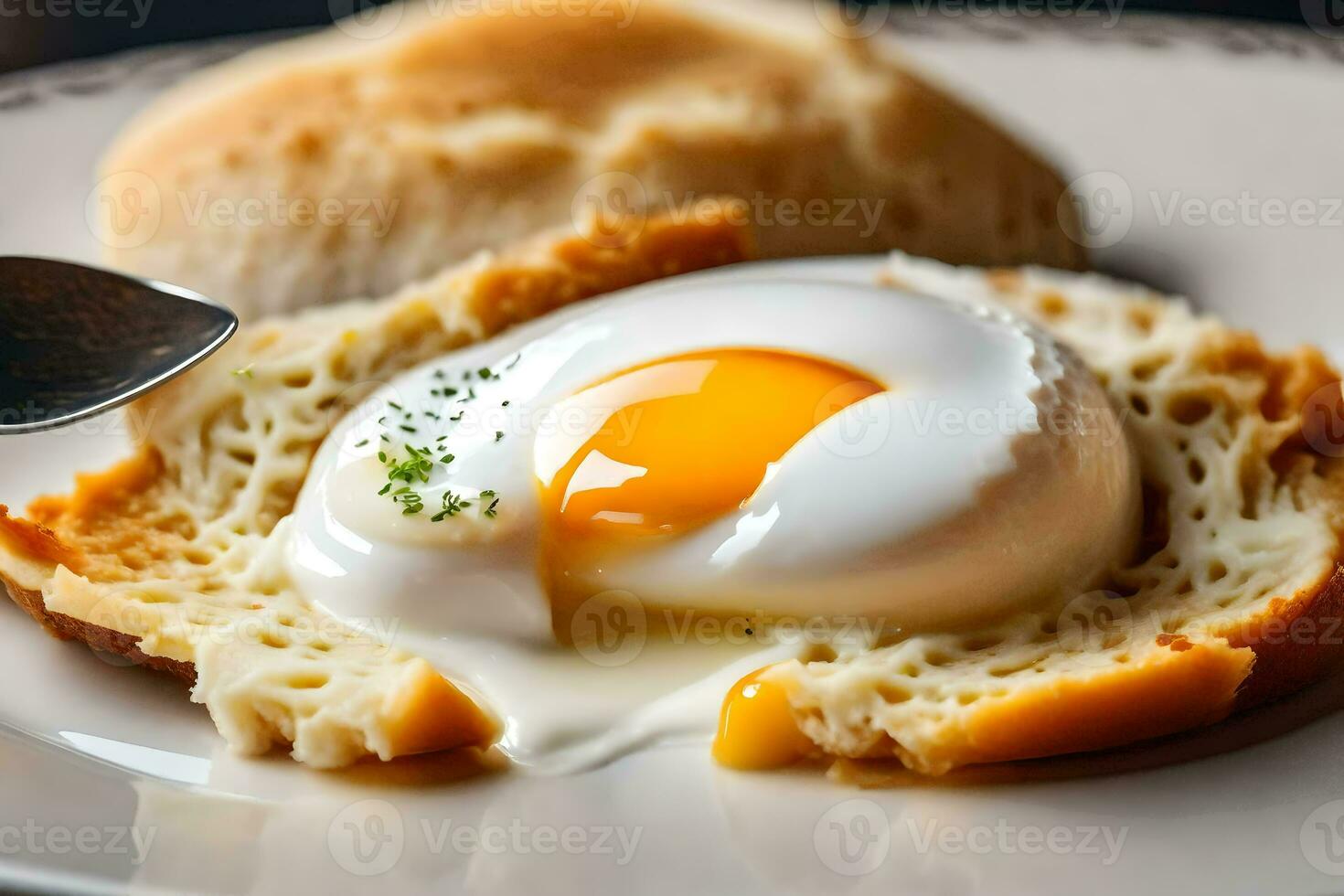 an egg on a plate with bread and a fork. AI-Generated photo