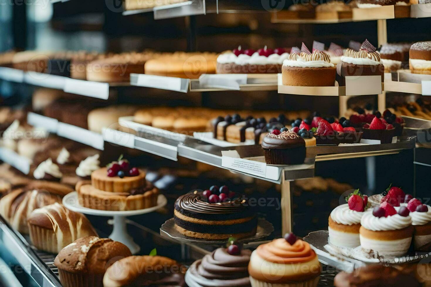 many different types of cakes are on display in a bakery. AI-Generated photo