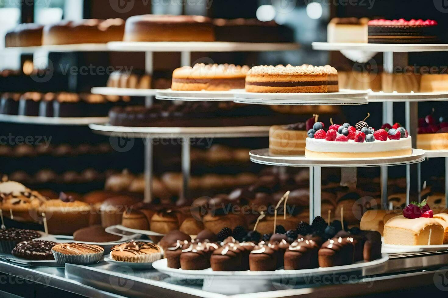 many different types of cakes are on display in a bakery. AI-Generated photo