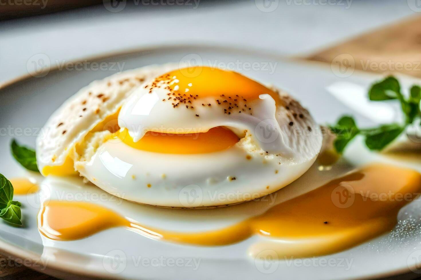 an egg on a plate with sauce and herbs. AI-Generated photo