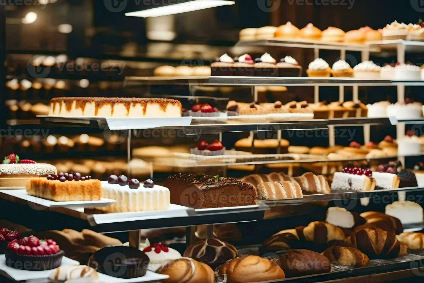 many different types of cakes are on display in a bakery. AI-Generated photo