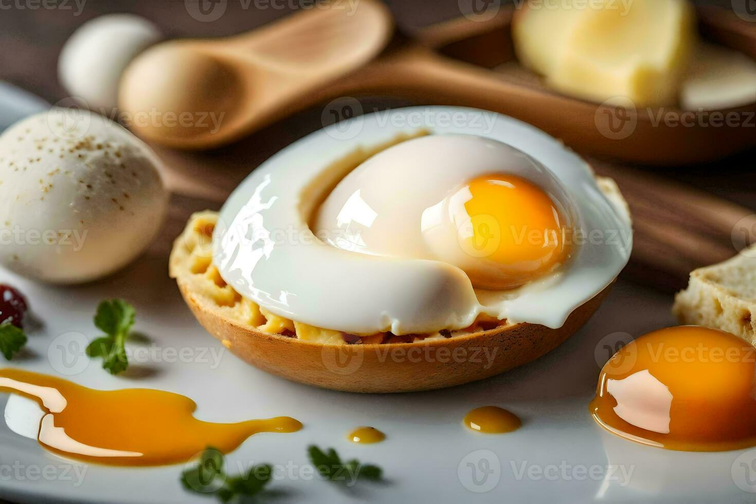 an egg is in a bread bowl with cheese and other ingredients. AI-Generated photo