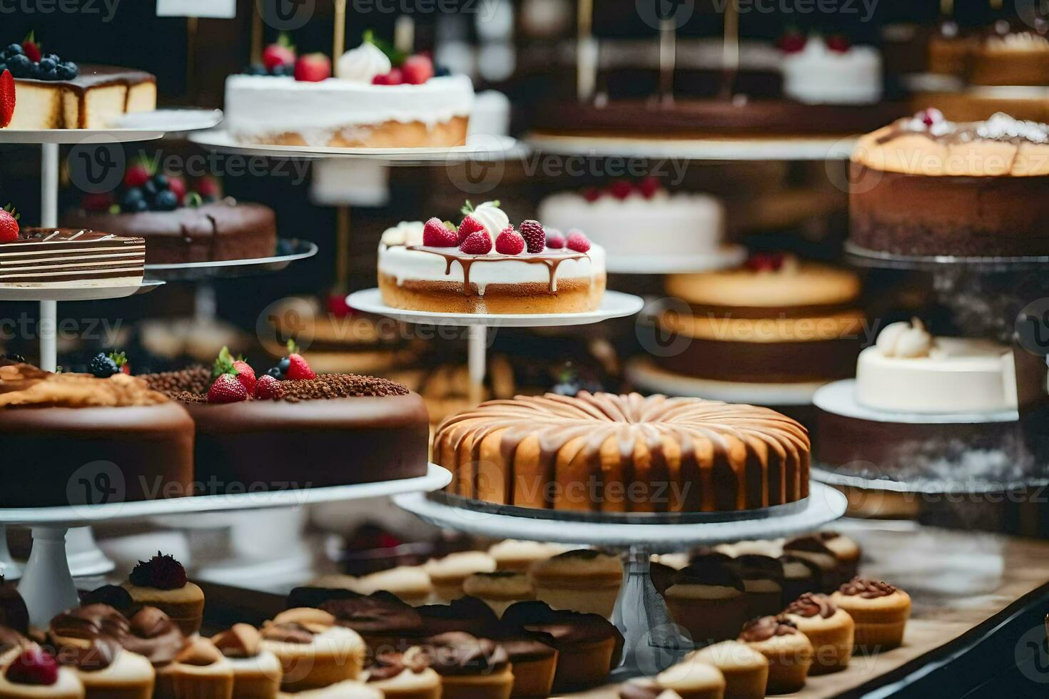 many different types of cakes are on display in a bakery. AI-Generated photo