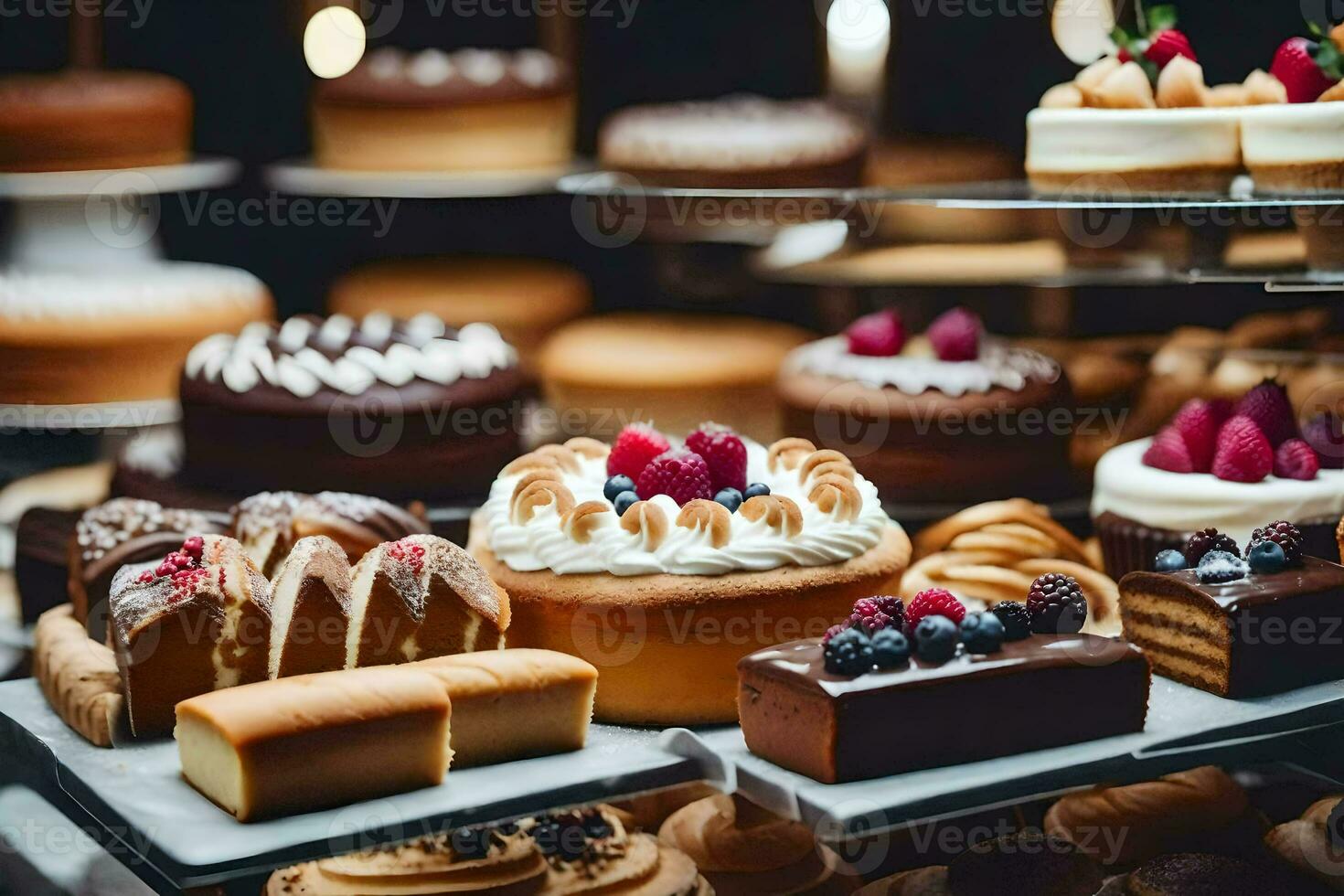 a variety of cakes are displayed on a table. AI-Generated photo