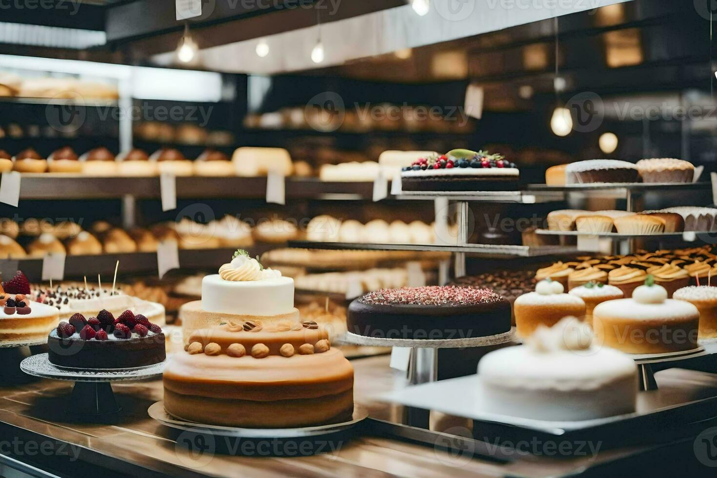 many different types of cakes are on display in a bakery. AI-Generated photo