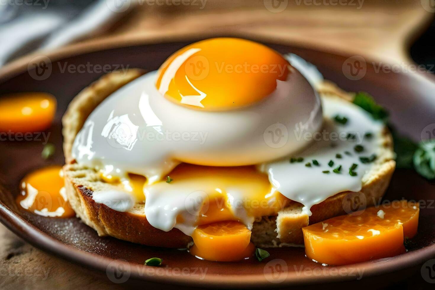 an egg on toast with a slice of orange. AI-Generated photo