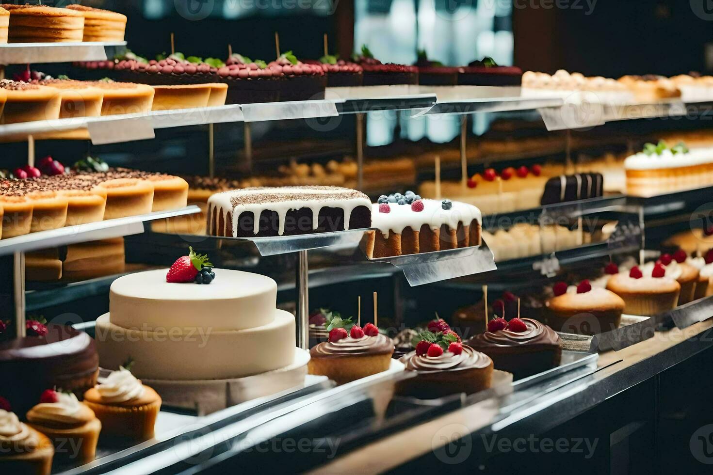 a display of cakes and pastries in a bakery. AI-Generated photo