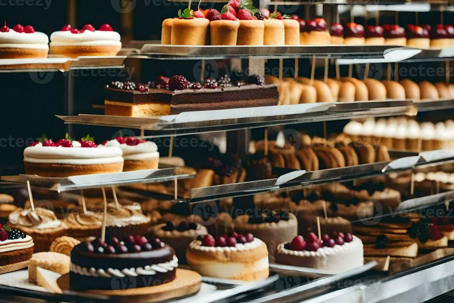 many different types of cakes are on display in a bakery. AI-Generated photo