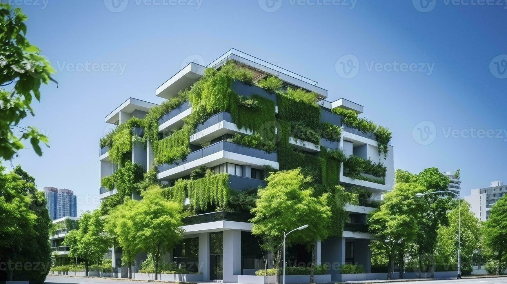 Eco-Friendly Building with Green Spaces Under a Blue Sky. AI Generated photo