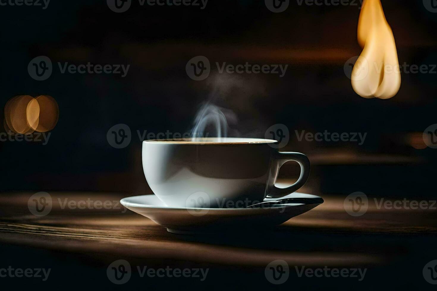 a cup of coffee on a table with a light in the background. AI-Generated photo