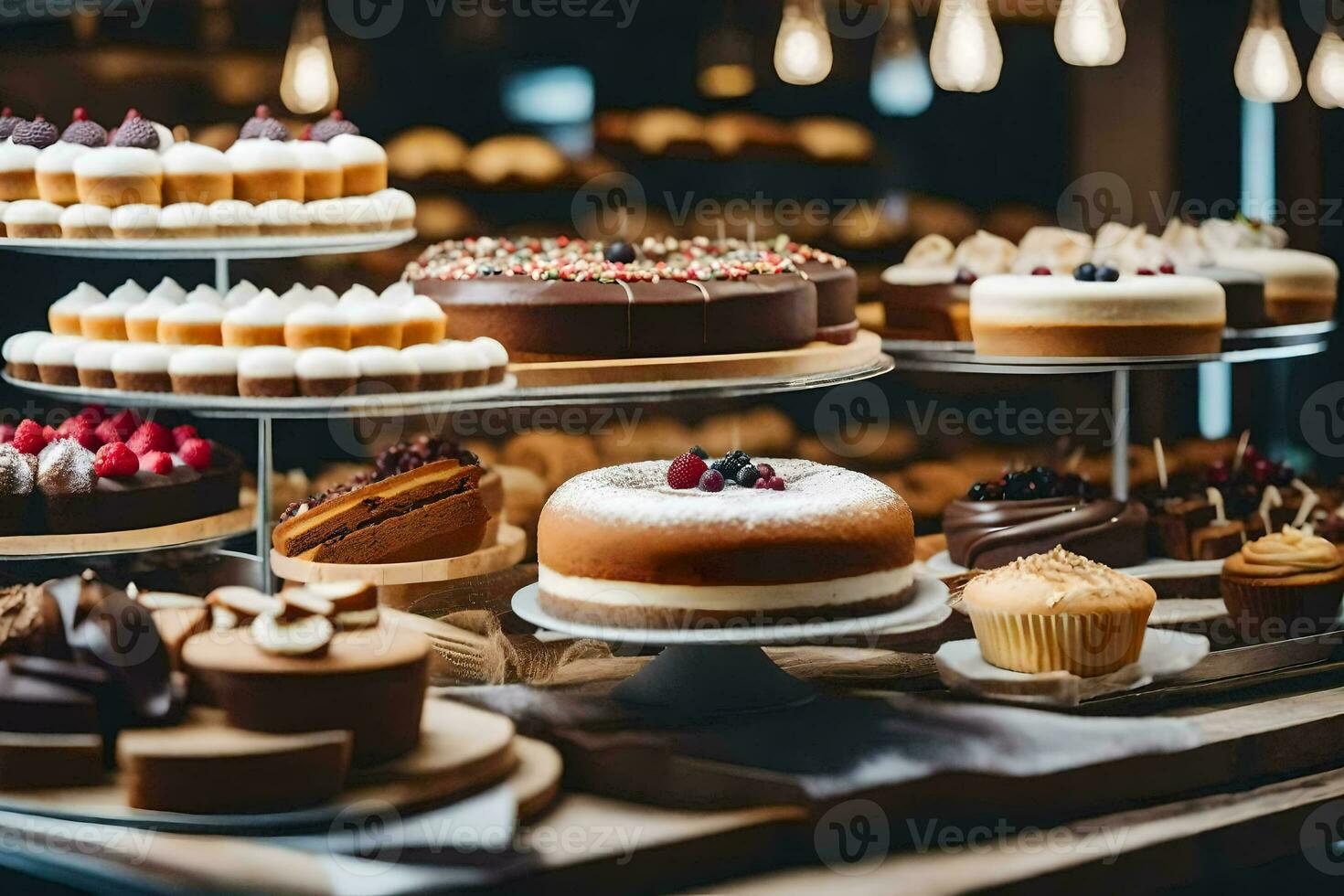 a variety of cakes and pastries on display in a bakery. AI-Generated photo