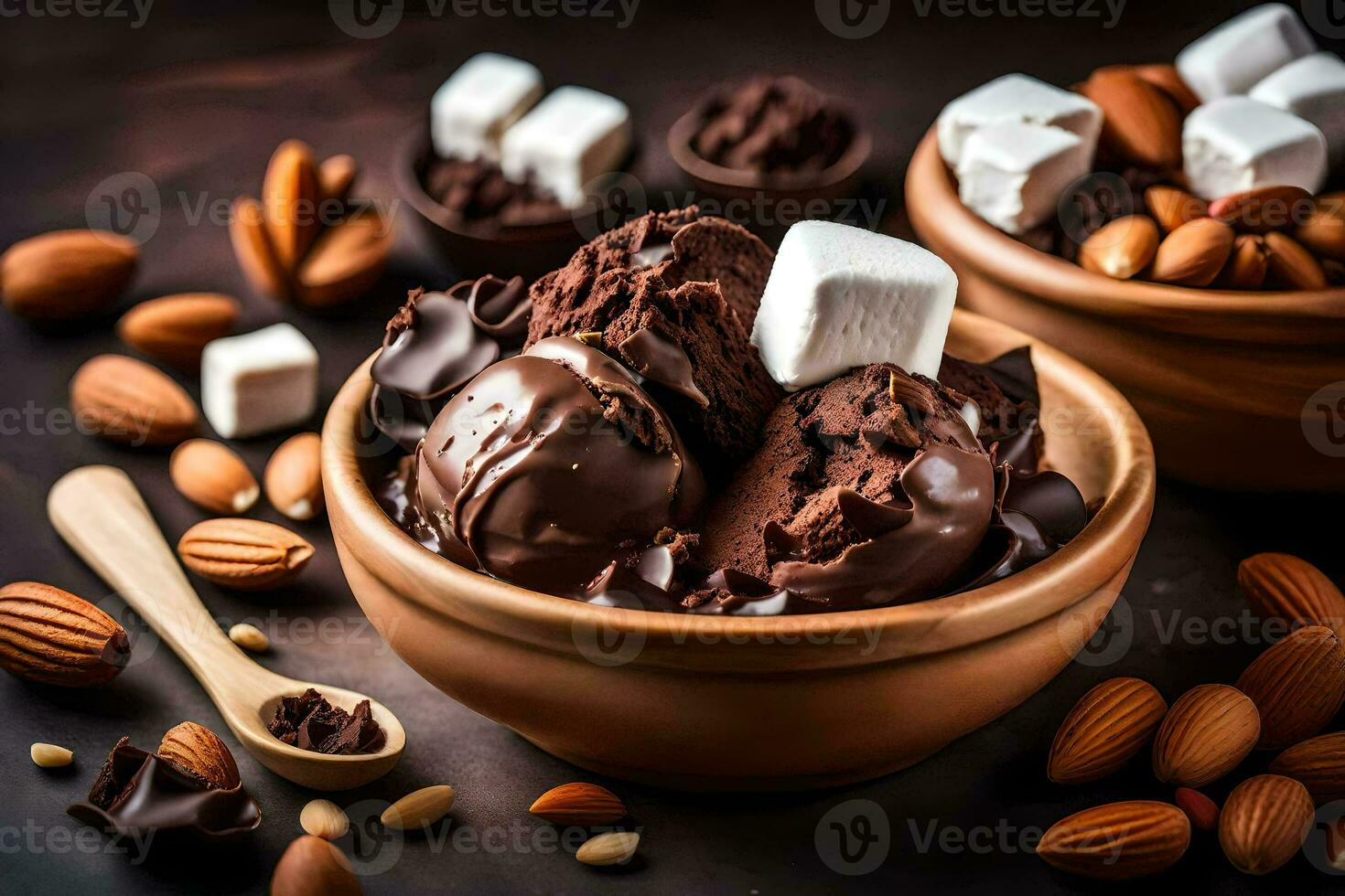 chocolate ice cream with marshmallows and almonds in a bowl. AI-Generated photo