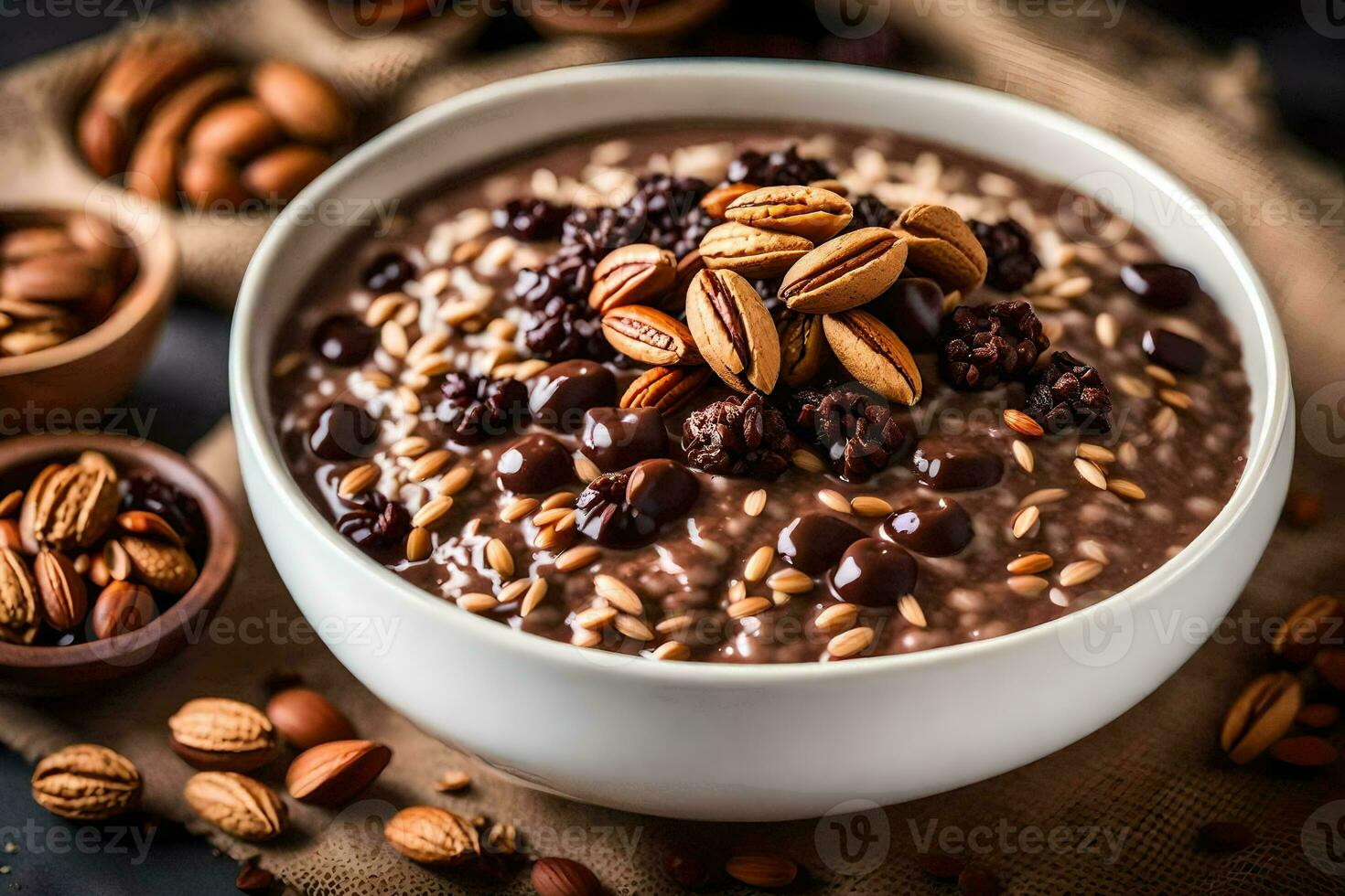 chocolate oatmeal with nuts and dried fruit. AI-Generated photo