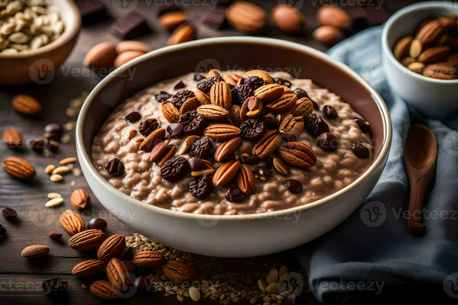 chocolate and almond oatmeal in a bowl. AI-Generated photo