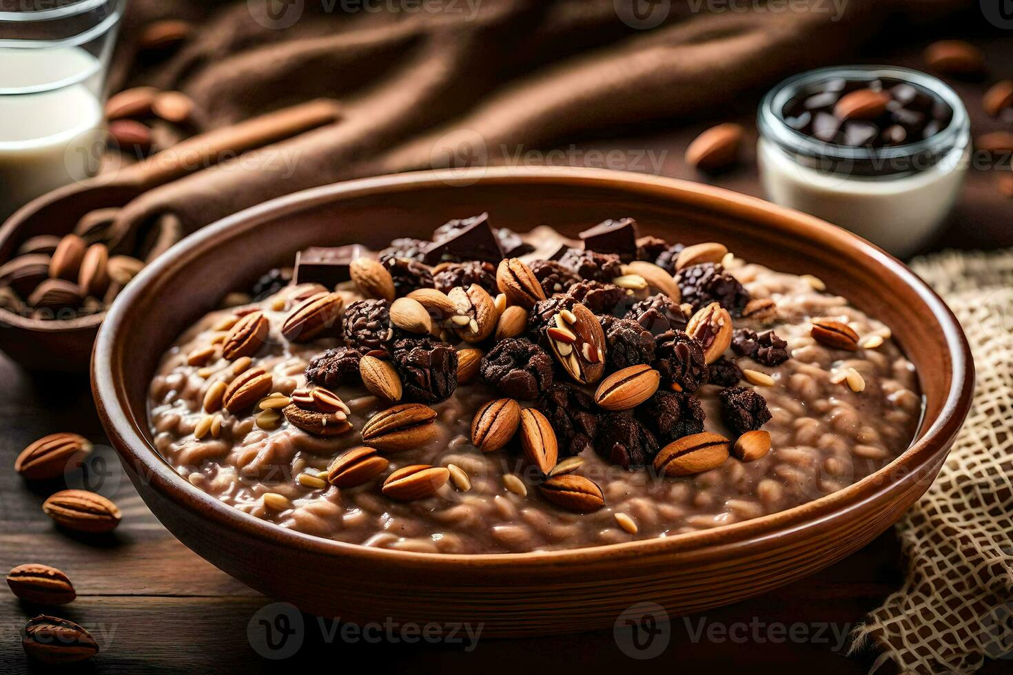 chocolate pecan oatmeal in a bowl. AI-Generated photo