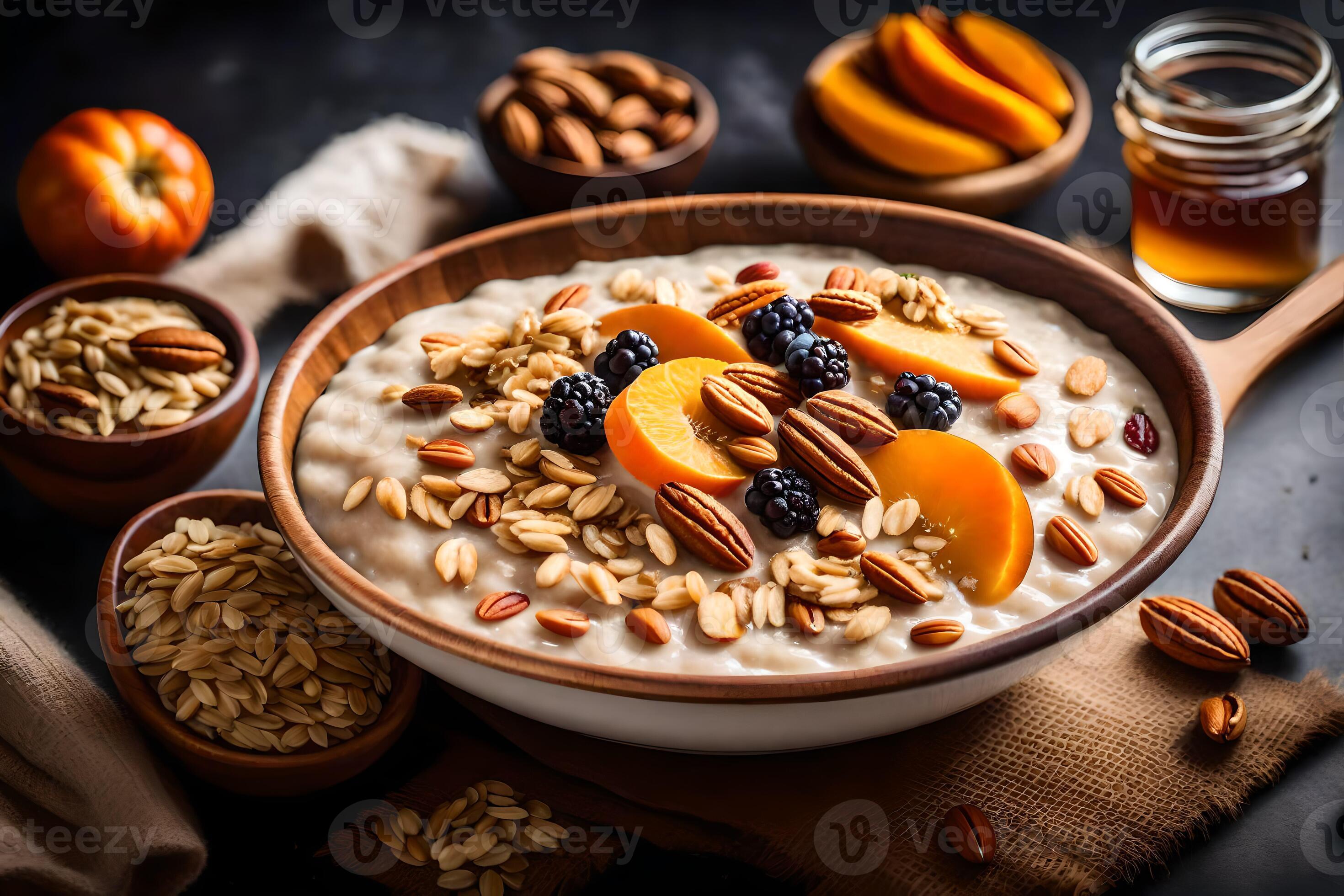 oatmeal with peaches and nuts. AIGenerated 33818385 Stock Photo at
