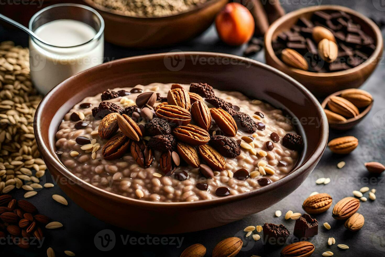 chocolate oatmeal with nuts and almonds. AI-Generated photo