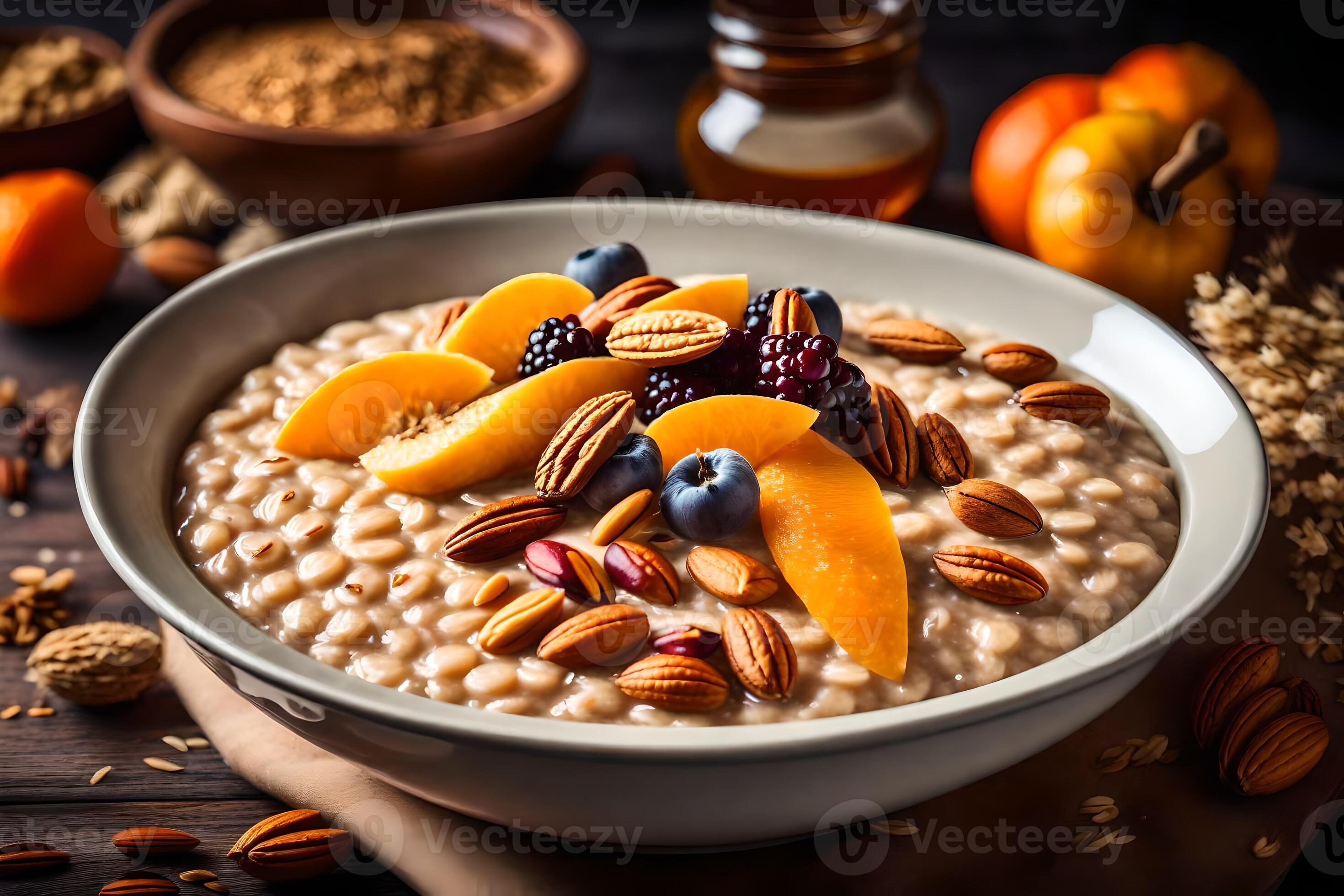 oatmeal with peaches and nuts. AIGenerated 33818654 Stock Photo at