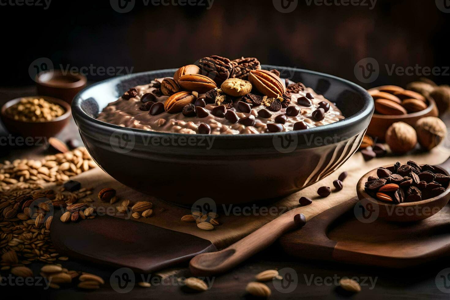 chocolate oatmeal in a bowl with nuts and nuts. AI-Generated photo