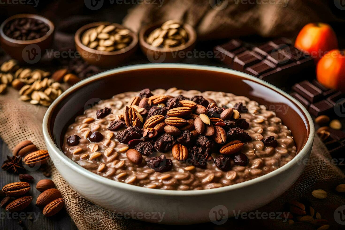 chocolate oatmeal with nuts and chocolate chips in a bowl. AI-Generated photo