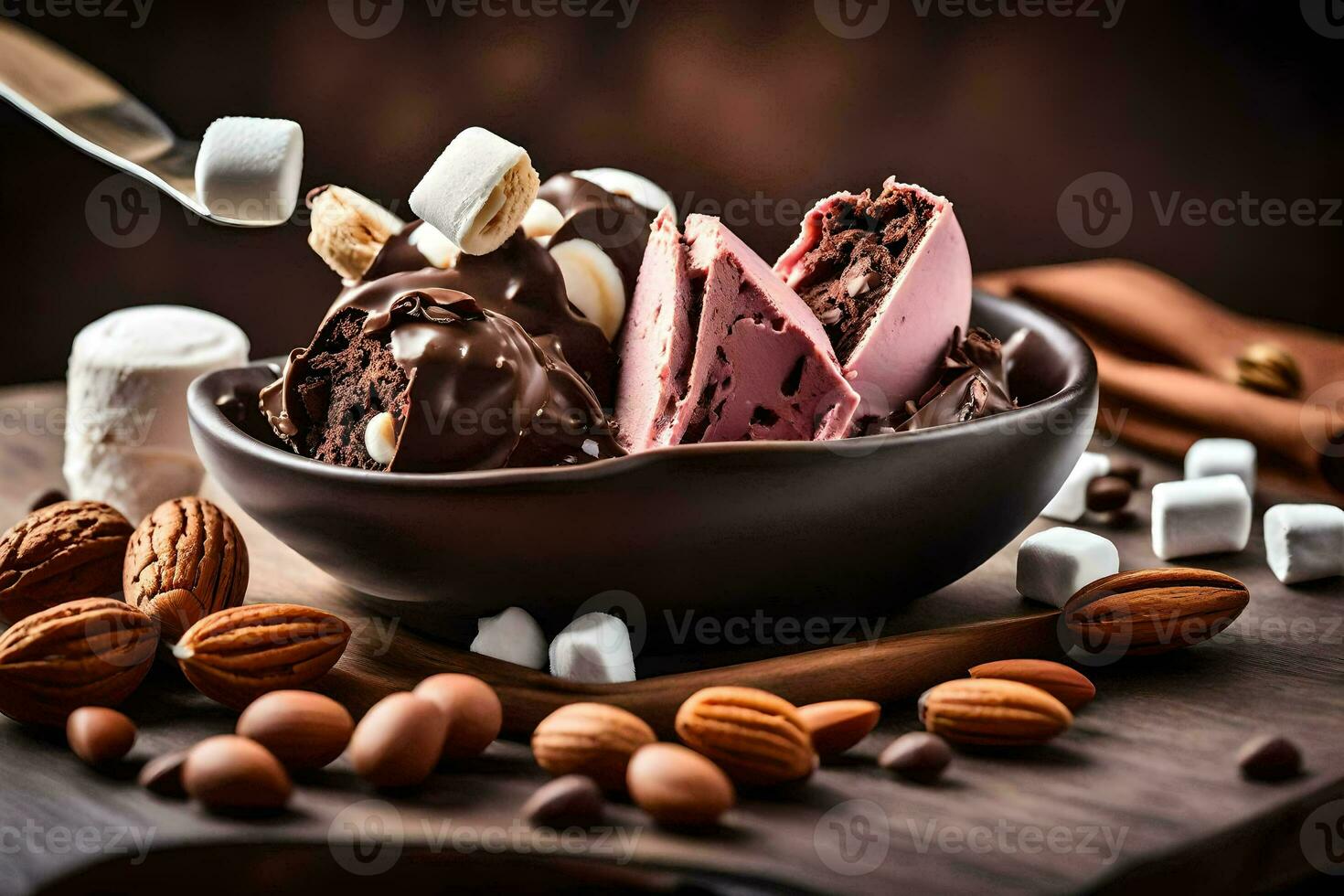 chocolate ice cream with marshmallows and nuts in a bowl. AI-Generated photo