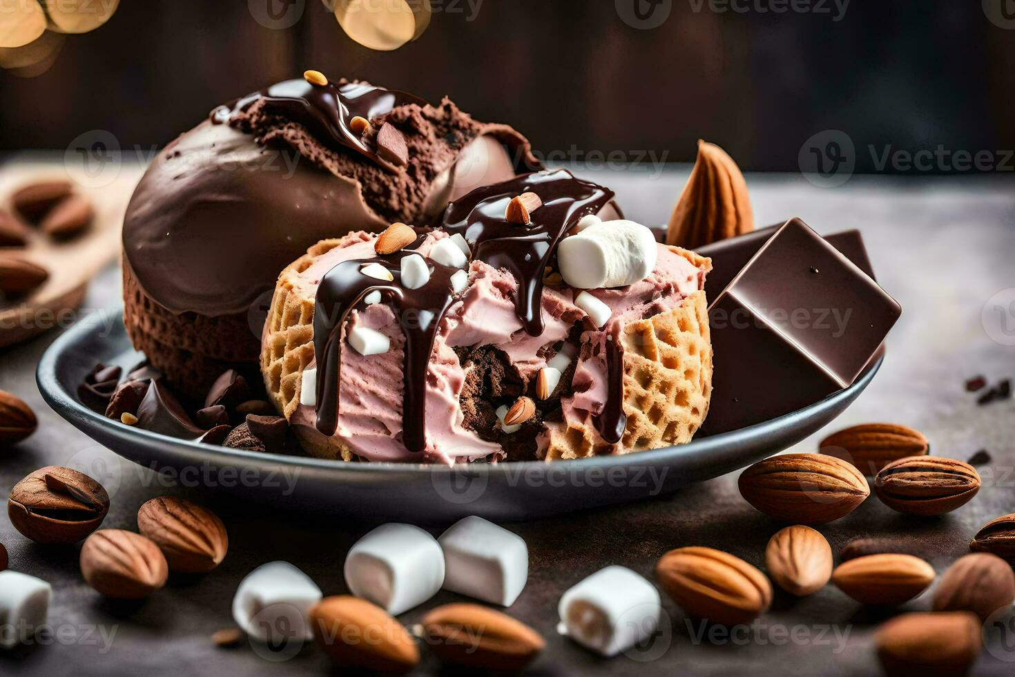 chocolate ice cream with marshmallows and almonds on a plate. AI-Generated photo