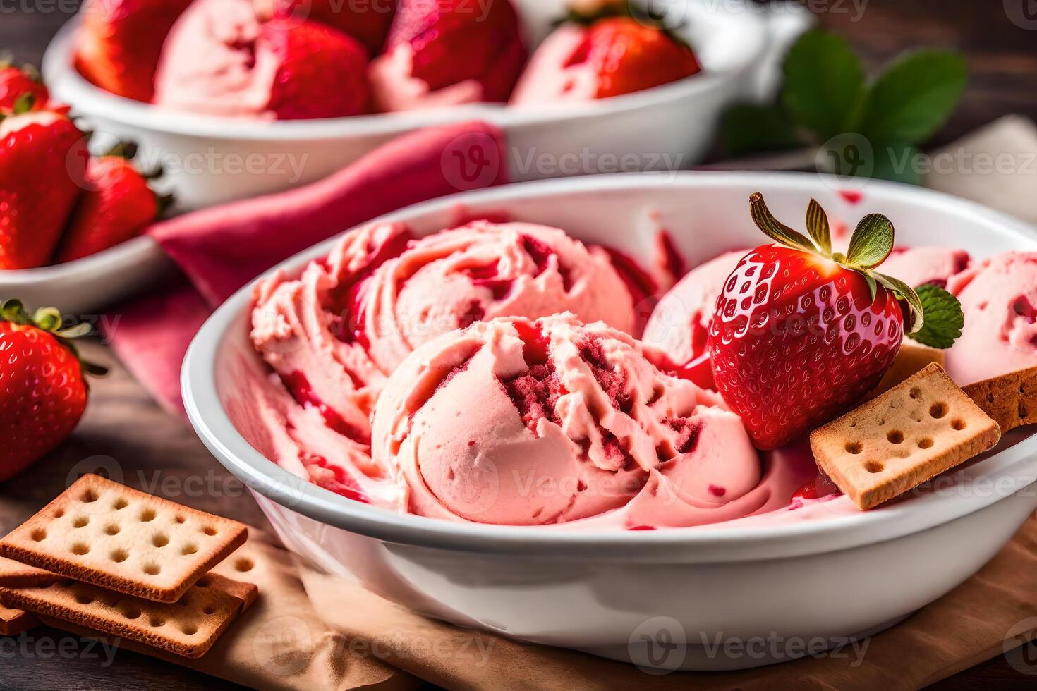 strawberry ice cream in a bowl with a spoon. AIGenerated 33819786