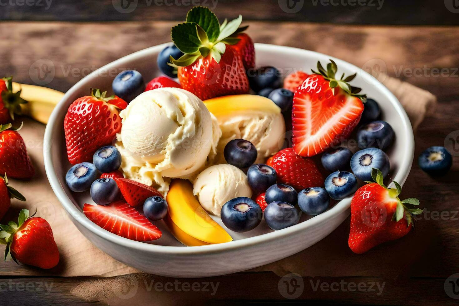 a bowl of fruit and ice cream with strawberries, blueberries and bananas. AI-Generated photo