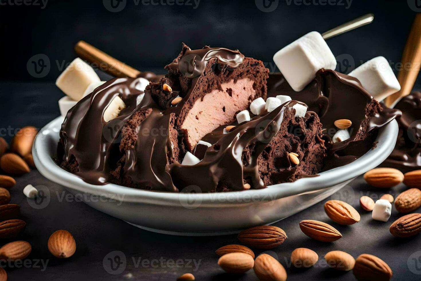 chocolate ice cream with marshmallows and almonds in a bowl. AI-Generated photo