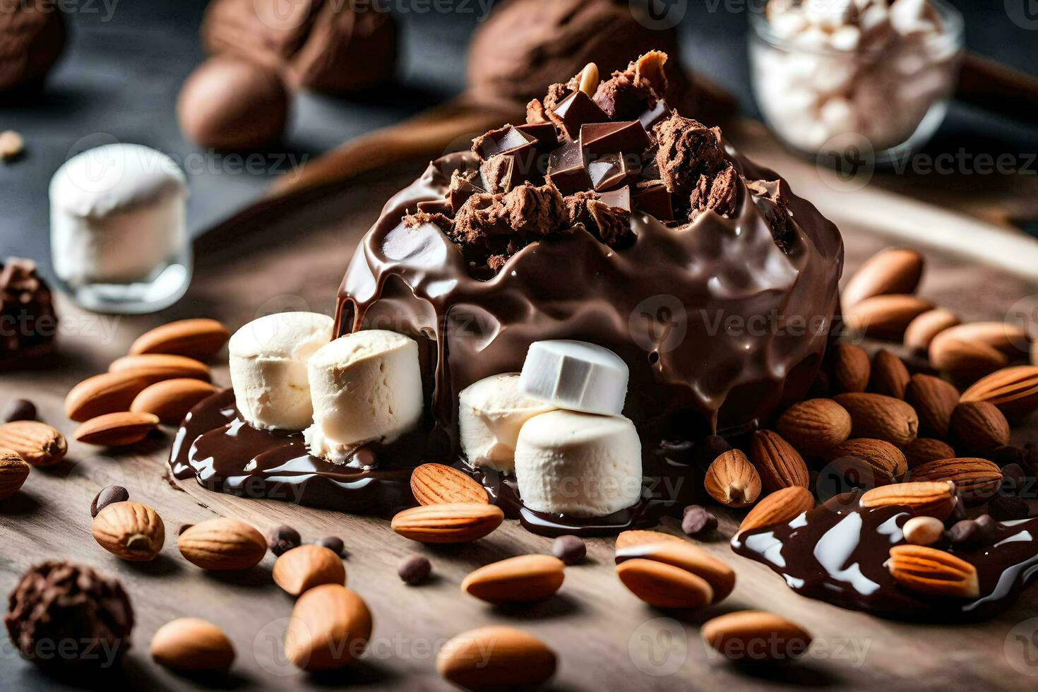 chocolate covered marshmallows and almonds on a wooden cutting board. AI-Generated photo