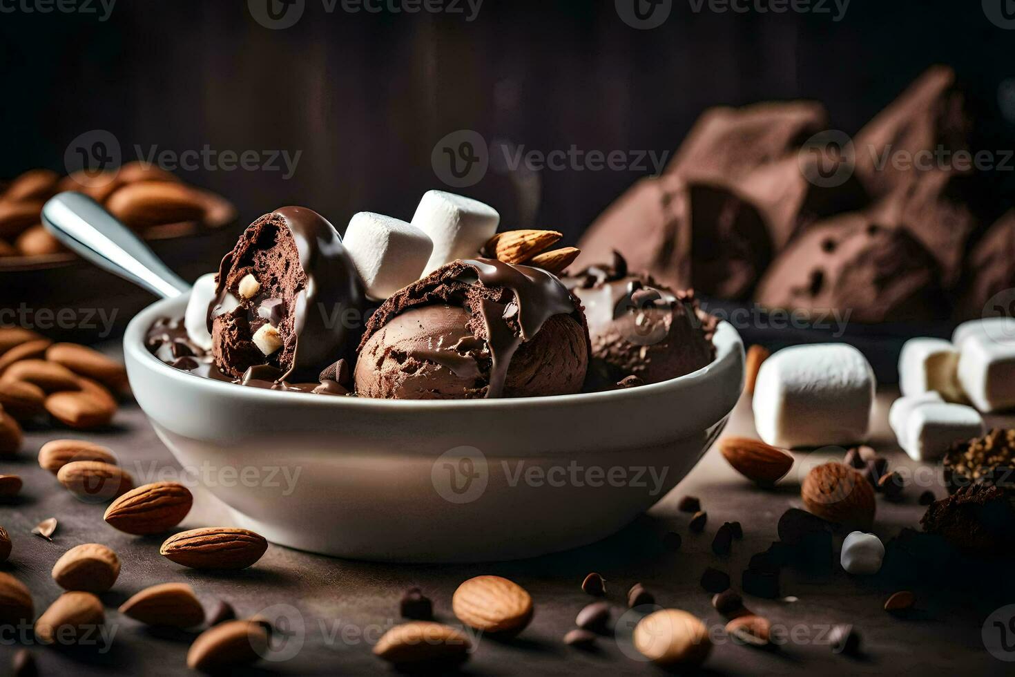 chocolate ice cream with almonds and marshmallows. AI-Generated photo