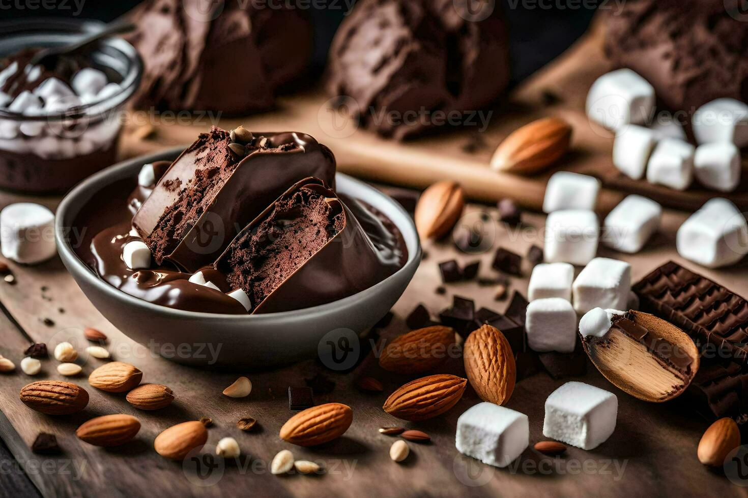 chocolate ice cream with marshmallows and almonds. AI-Generated photo