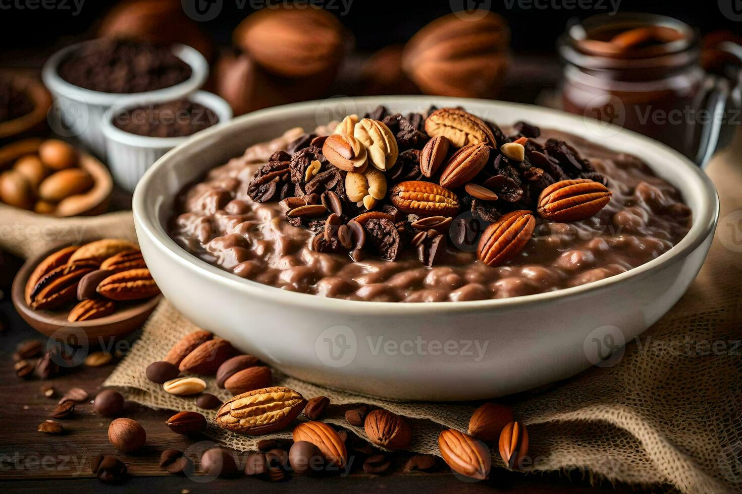 chocolate pecan oatmeal in a bowl. AI-Generated photo