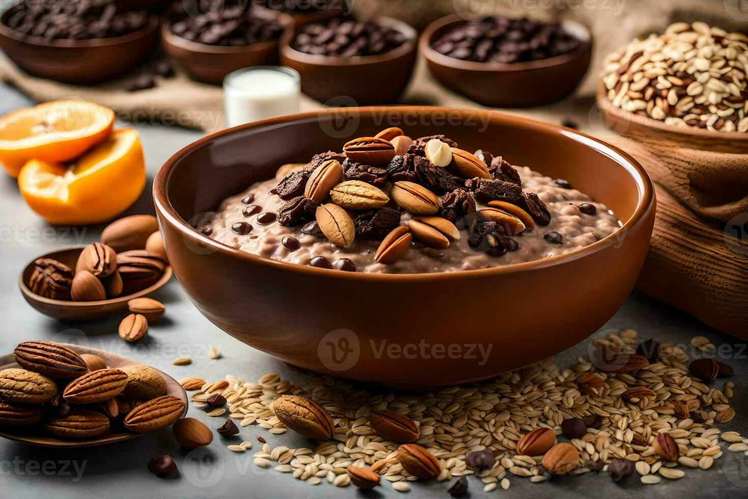 chocolate oatmeal with almonds and oranges. AI-Generated photo